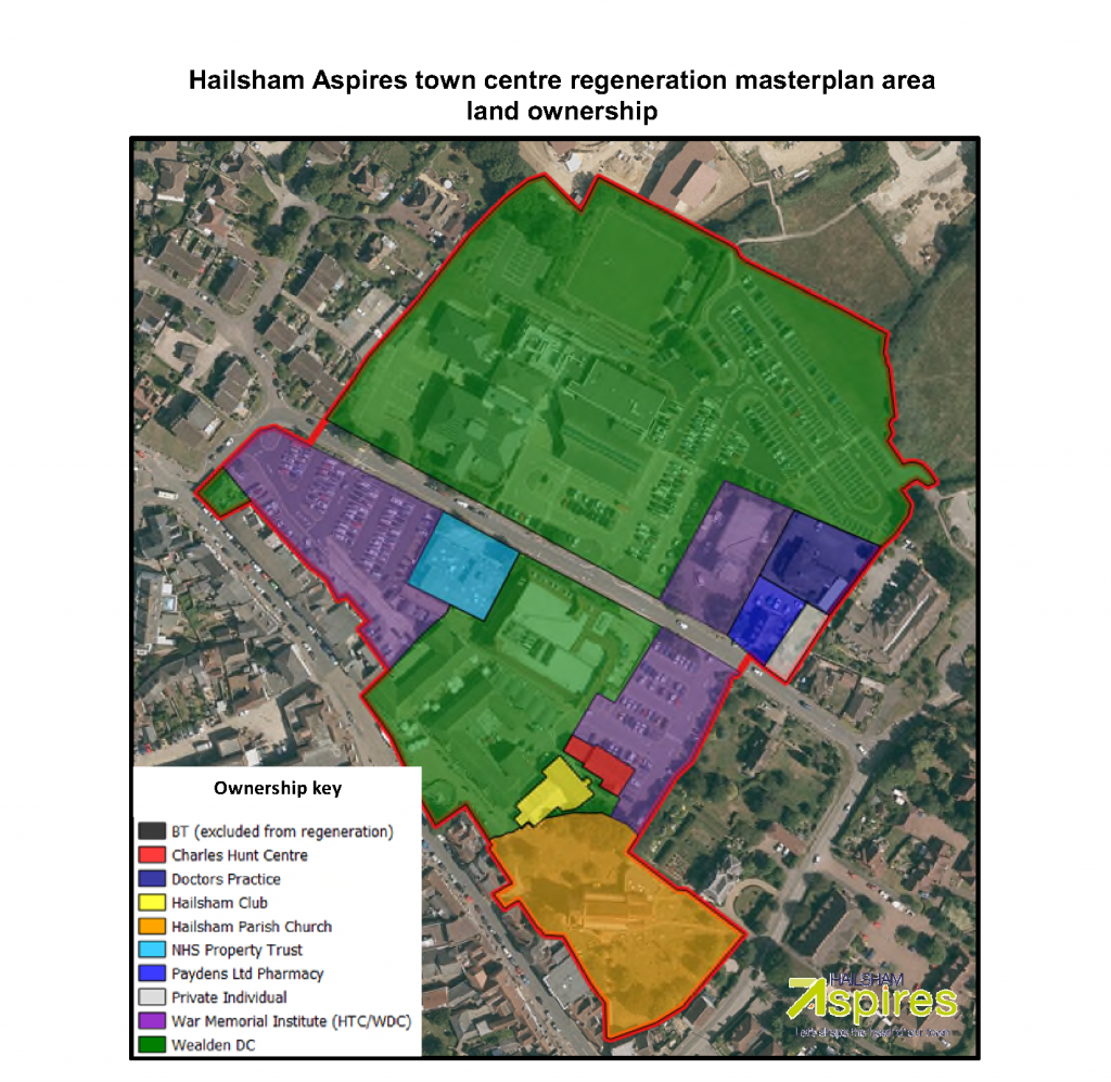Ariel view to show Hailsham Aspires town centre regeneration masterplan area land ownership